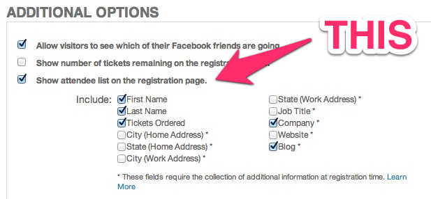 Eventbrite setting: Show attendee list on the registration page